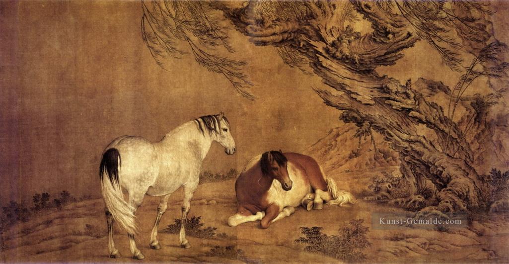 Lang leuchtende 2 Pferde unter Weidenschatten Chinesische Malerei Ölgemälde